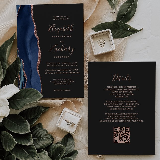 Invitation Marine Blue Rose Gold Agate Dark QR Code Mariage (Créateur téléchargé)