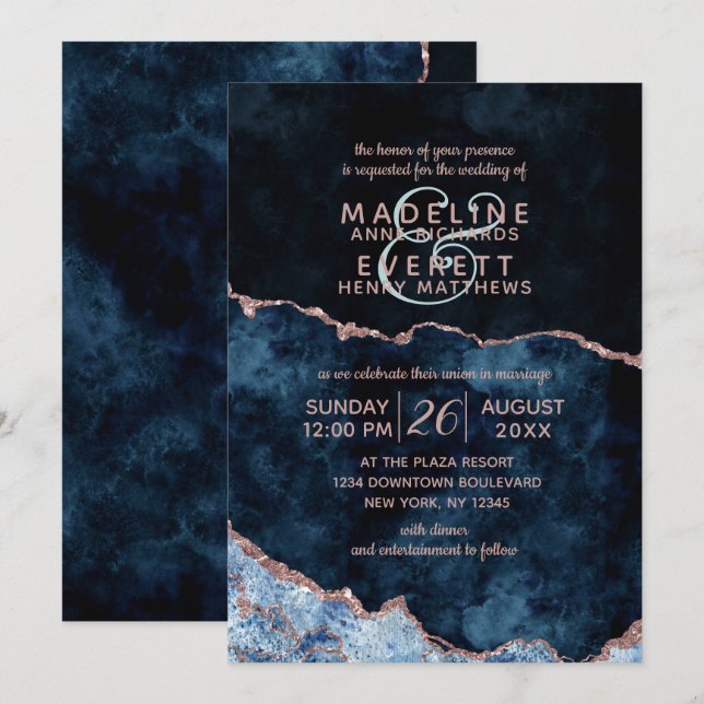 Invitation Marine Blue Rose Gold Agate Gilt Wedding Invitatio (Devant / Derrière)