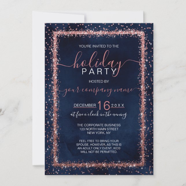 Invitation Marine Blue Rose Gold Confetti Corporate Holiday (Devant)