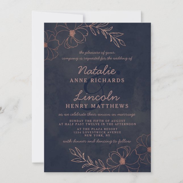 Invitation Marine Blue & Rose Gold Foil Floral encadré Mariag (Devant)