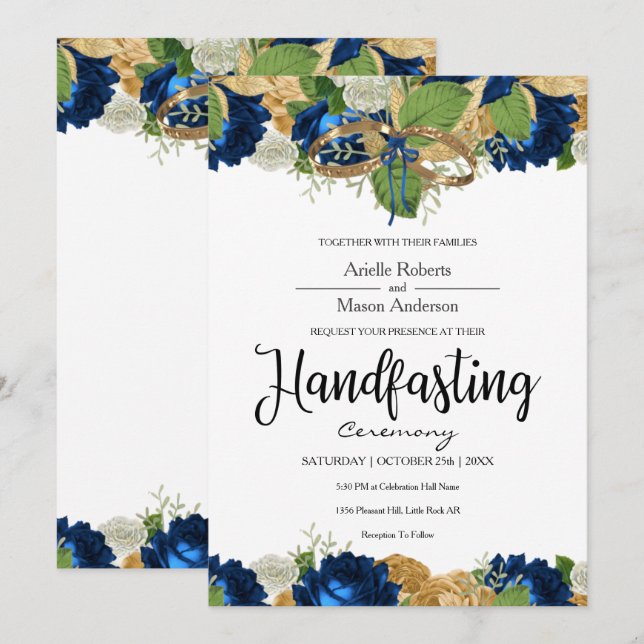 Invitation Marine Blue Roses Boho Gold Handfasting (Devant / Derrière)