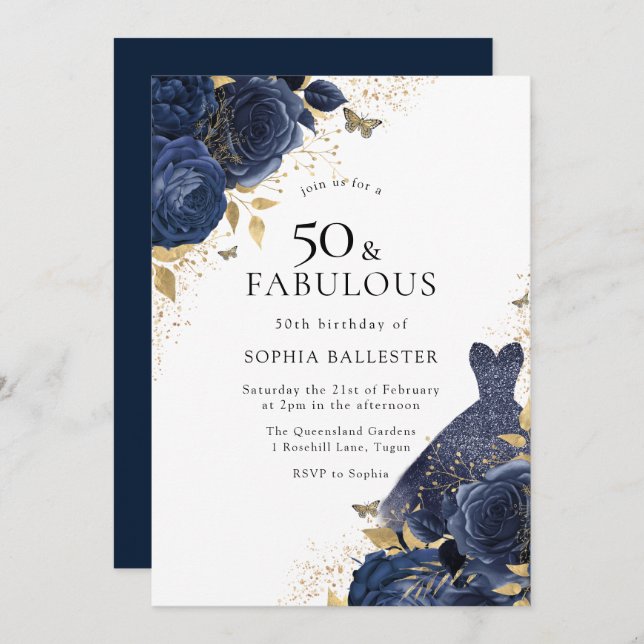 Invitation Marine Blue Roses & Robe Gold 50 & Fabuleux 50e (Devant / Derrière)