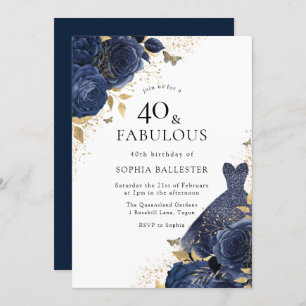 Invitation Marine Blue Roses & Robe Or 40 & Fabuleux 40e