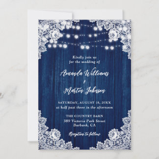 Invitation Marine Blue Rustic Bois dentelle lumière Mariage