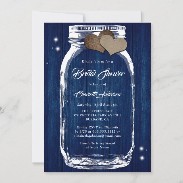 Invitation Marine Blue Rustic Country Mason Jar Fête des mari (Devant)