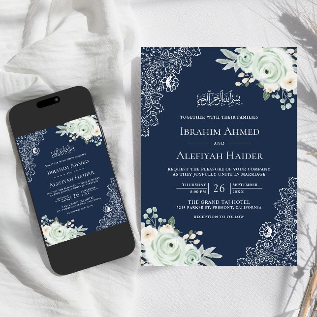 Invitation Marine Blue Sage Green Floral Lace Mariage musulma (Créateur téléchargé)