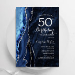 Invitation Marine Blue Silver Agate 50e anniversaire<br><div class="desc">Invitation à la fête du 50e anniversaire en bleu et argent de la Marine. Elégant design moderne avec aquarelle bleu royal agate marbre arrière - plan, faux parties scintillant argent et typographie script police. Carte invitation branchée parfaite pour une célébration anniversaire féminine élégante. Invitations Zazzle imprimées ou téléchargement instantané modèle...</div>