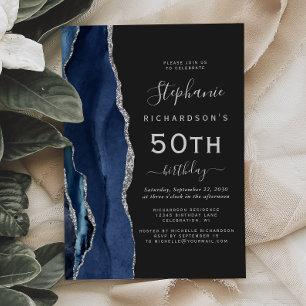 Invitation Marine Blue Silver Agate Dark 50th Birthday Party