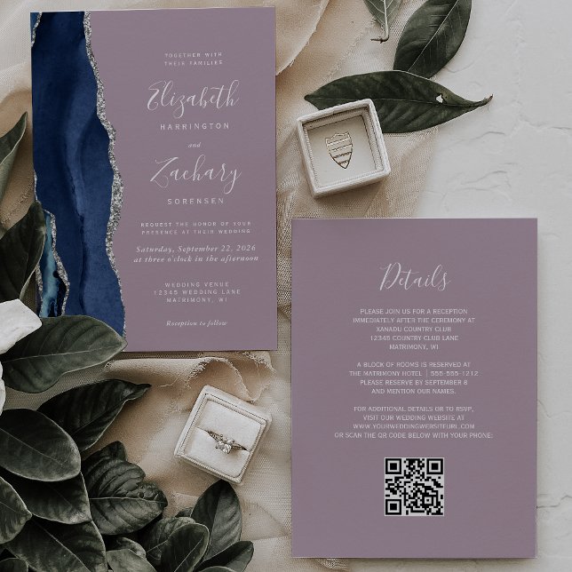 Invitation Marine Blue Silver Agate Mauve QR Code Mariage (Créateur téléchargé)
