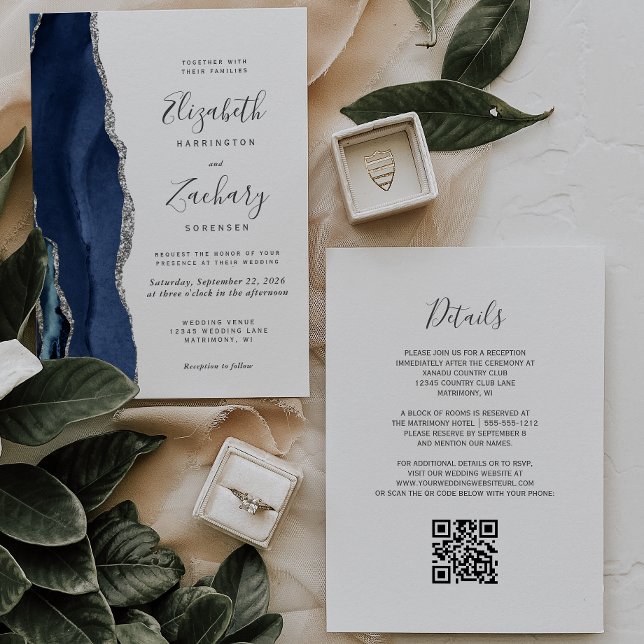 Invitation Marine Blue Silver Agate QR Code Mariage (Créateur téléchargé)