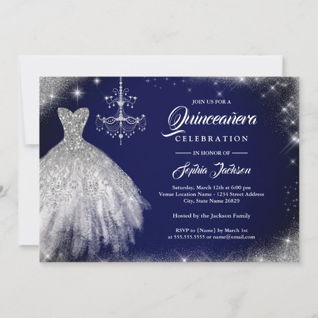 Invitation Marine Blue Silver Dentelle Diamant Gown Quinceane (Devant)