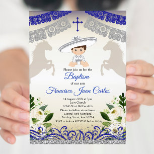Invitation Marine Blue Silver Fiesta Boy Baptême Christening