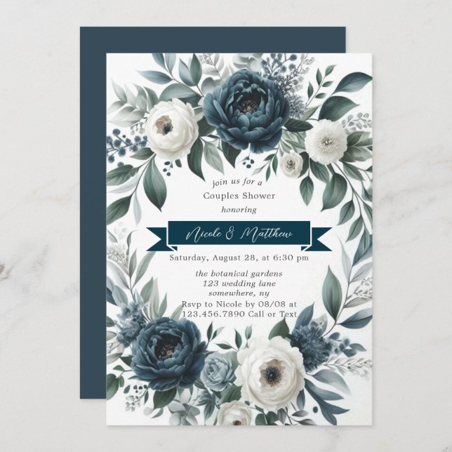 Invitation Marine Blue & Silver Ivory Floral Couples Douche (Devant / Derrière)