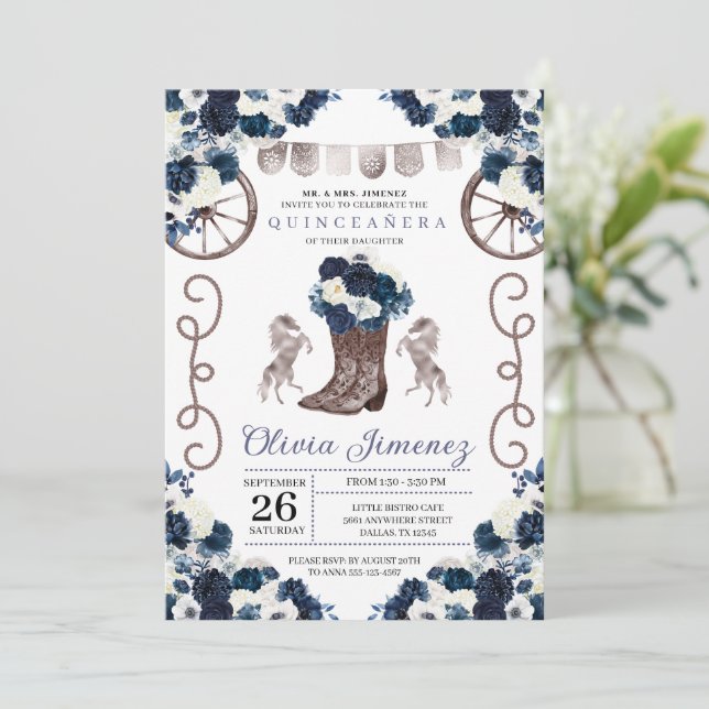 Invitation Marine Blue Silver Western Charra Boots Quinceañer (Debout devant)