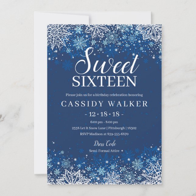 Invitation Marine Blue Snowflake Sweet hiver 16 Anniversaire (Devant)