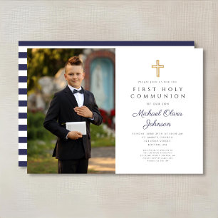 Invitation Marine Blue Stripes Boy First Communion Photo