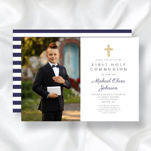 Invitation Marine Blue Stripes Boy First Communion Photo