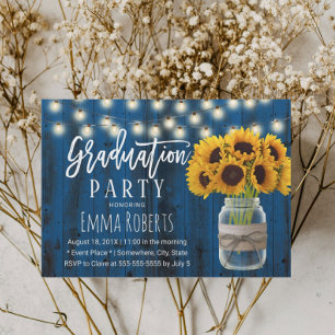 Invitation Marine Blue Sunflower Mason Jar Rustique Graduatio