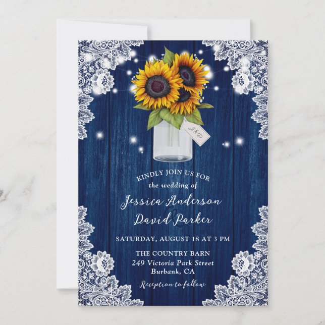 Invitation Marine Blue Sunflower Wood dentelle Mason Jar Mari (Devant)