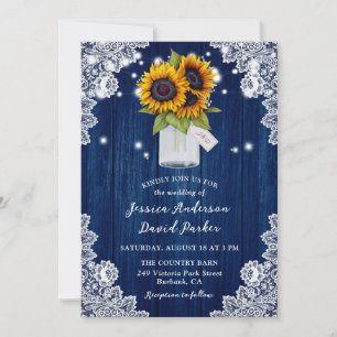 Invitation Marine Blue Sunflower Wood dentelle Mason Jar Mari