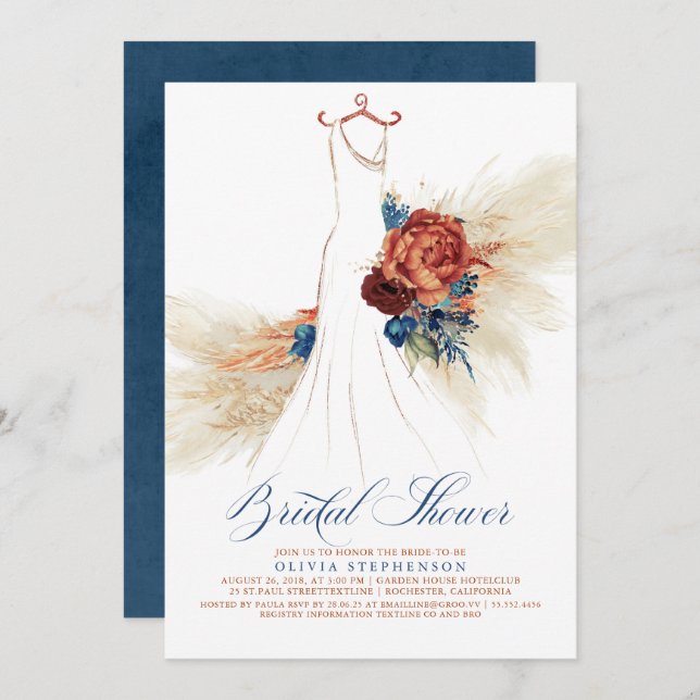 Invitation Marine Blue Terracotta Floral Boho Fête des mariée (Devant / Derrière)