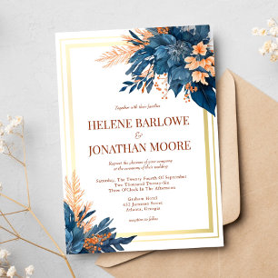 Invitation Marine Blue Terracotta Gold Floral Mariage élégant