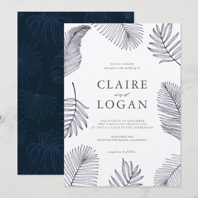 Invitation Marine Blue Tropical Palm Tree Feuille Mariage (Devant / Derrière)