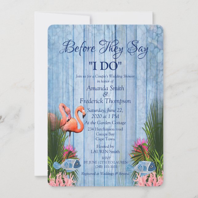 Invitation Marine - Blue Water et Flamants roses roses Weddin (Devant)