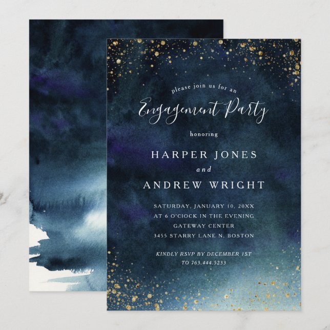 Invitation Marine Blue Watercolor Gold Parties scintillant (Devant / Derrière)