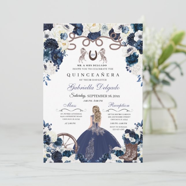 Invitation Marine Blue Western Charra Girl Ranchero Quinceane (Debout devant)
