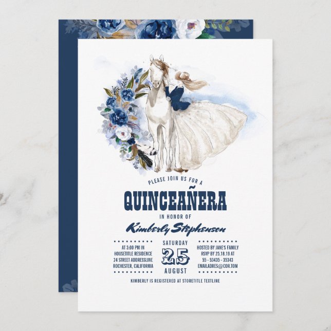 Invitation Marine Blue Western Quinceañera - 15e anniversaire (Devant / Derrière)