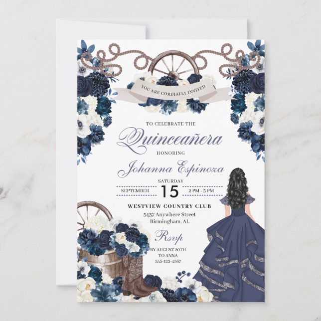Invitation Marine Blue Western Ranchero Quinceanera (Devant)