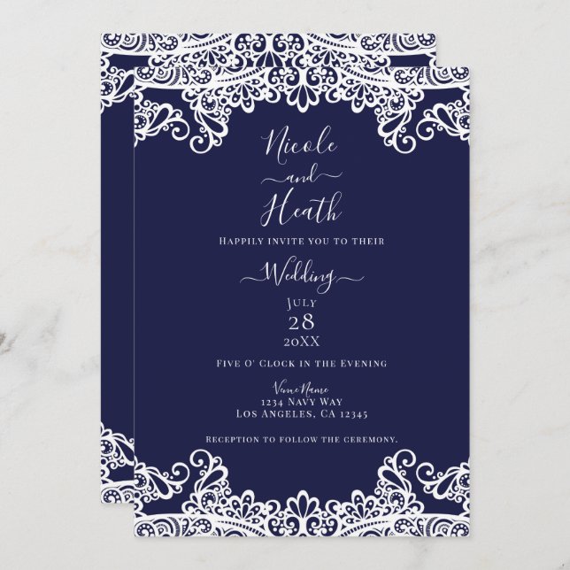 Invitation Marine Blue & White Lace Mariage élégant (Devant / Derrière)