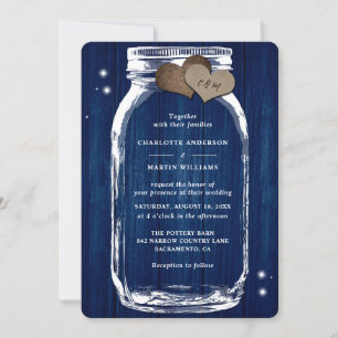 Invitation Marine Blue Wood Mason Jar Burlap Hearts Mariage