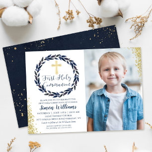 Invitation Marine Blue Wreath Gold First Holy Communion Photo