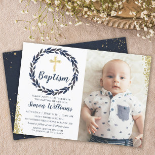 Invitation Marine Blue Wreath Gold Parties scintillant Boy Ba