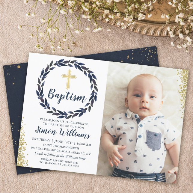 Invitation Marine Blue Wreath Gold Parties scintillant Boy Ba (Créateur téléchargé)