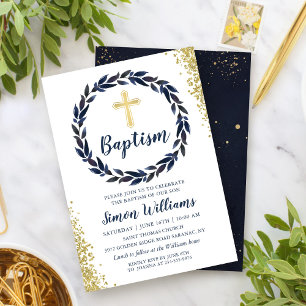 Invitation Marine Blue Wreath Gold Parties scintillant Garçon