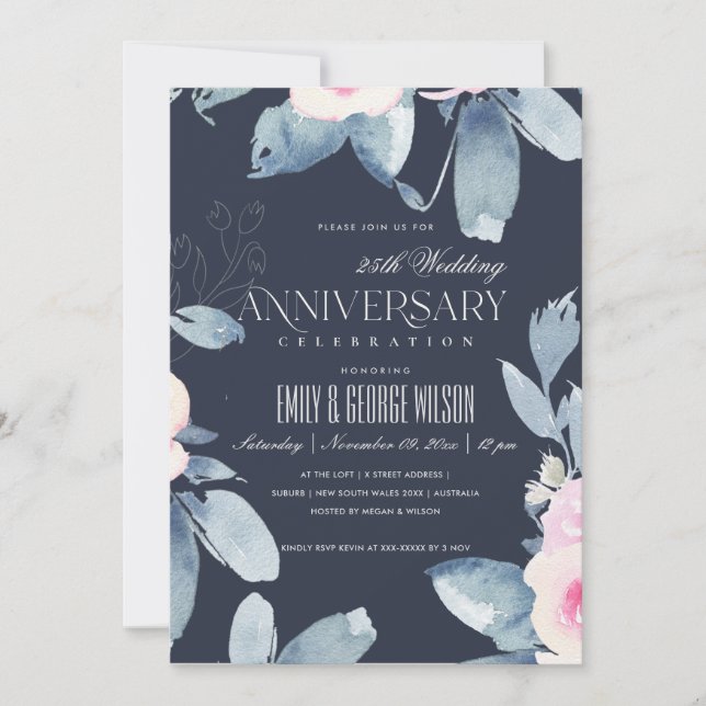 Invitation MARINE BLUSH BLEU FLORAL 25e TOUTE ANNÉE ANNIVERSA (Devant)