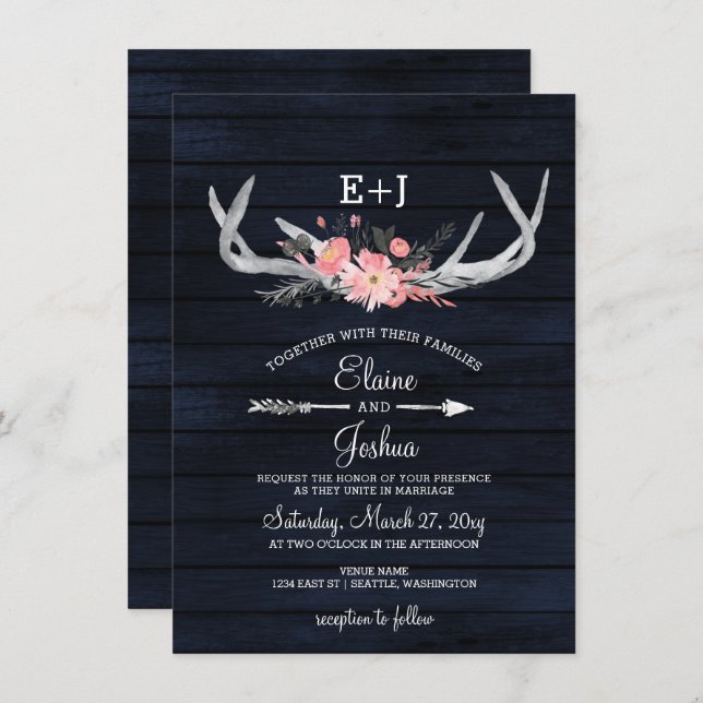 Invitation Marine Blush Blooming Antlers Pays Chic Mariage (Devant / Derrière)