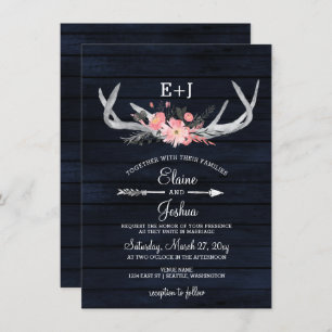 Invitation Marine Blush Blooming Antlers Pays Chic Mariage