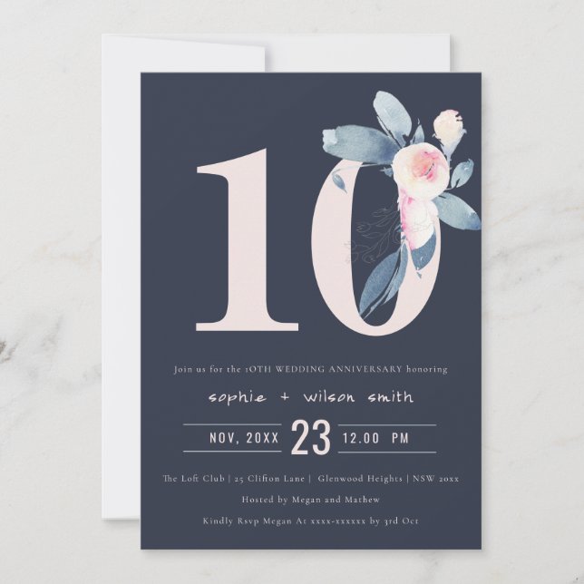 INVITATION MARINE BLUSH BLUE FLORAL 10E TOUTE ANNÉE ANNIVERSA (Devant)