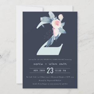 INVITATION MARINE BLUSH BLUE FLORAL 2E TOUTE ANNÉE ANNIVERSAI