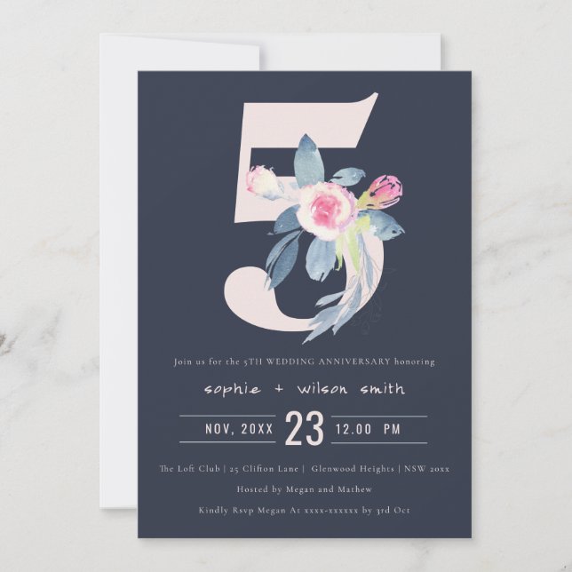 INVITATION MARINE BLUSH BLUE FLORAL 5E TOUTE ANNÉE ANNIVERSAI (Devant)