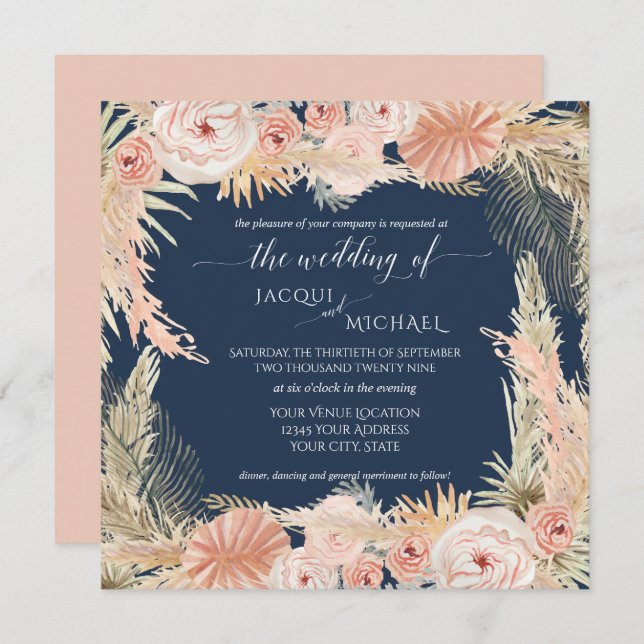Invitation Marine Blush BOHO Rose Peony Floral Pampas Grass (Devant / Derrière)