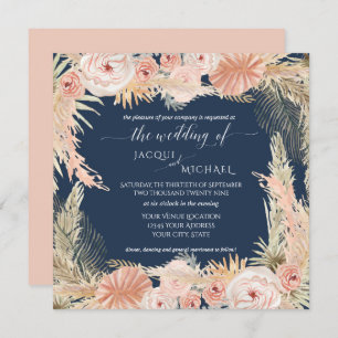 Invitation Marine Blush BOHO Rose Peony Floral Pampas Grass