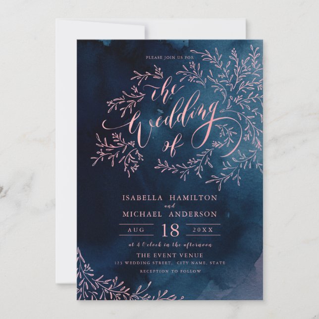 Invitation Marine blush calligraphie mariage floral rustique (Devant)