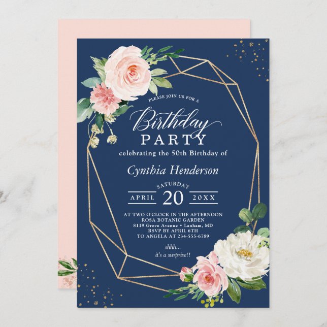 Invitation Marine Blush Floral Adulte fête d'anniversaire (Devant / Derrière)