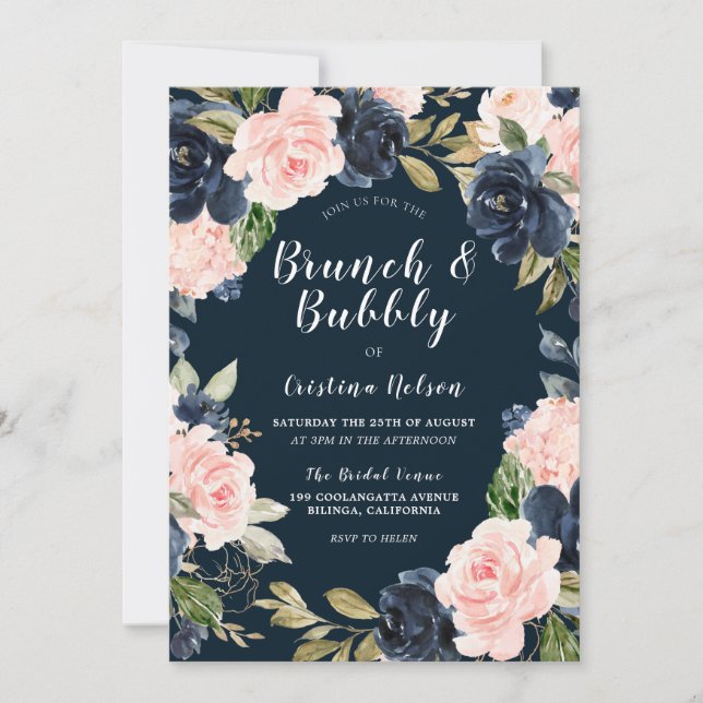 Invitation Marine & Blush Floral Brunch & Bubbly Fête des mar (Devant)