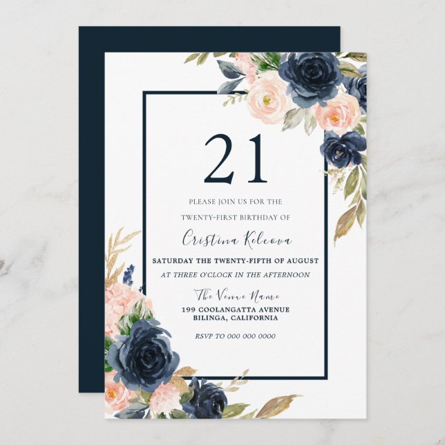 Invitation Marine & Blush Floral Élégant 21ème anniversaire f (Devant / Derrière)